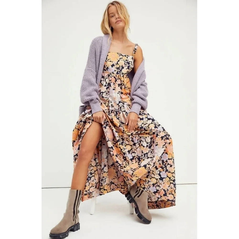 Free People Park Slope Floral Cotton Maxi Dress Navy Combo M Summer Vacation
